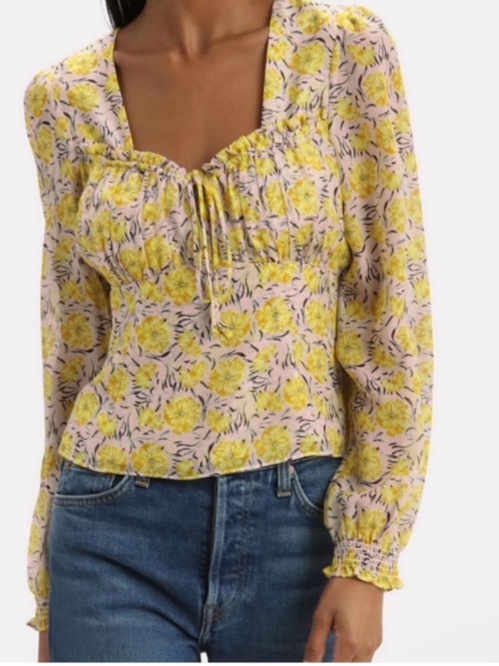INTERMIX Yellow Floral Tie-Front Peasant Blouse 8